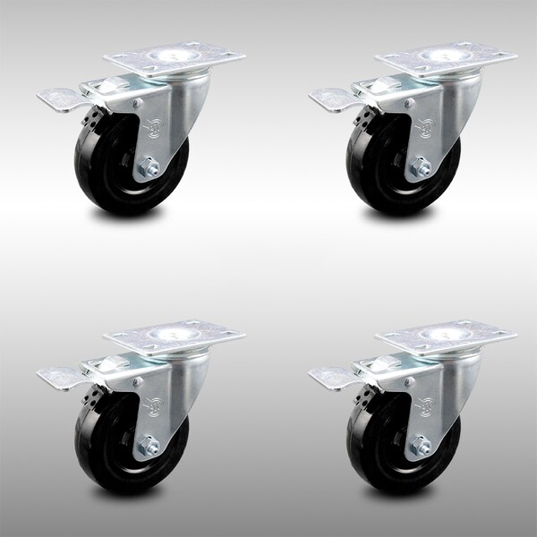 4 Inch SS Hard Rubber Wheel Swivel Top Plate Caster Set with Total Lock Brake
